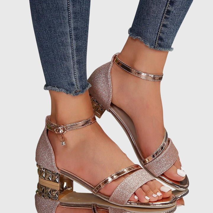 Women's Glitter Block Heel Sandals Ankle Strap Jeweled Heel