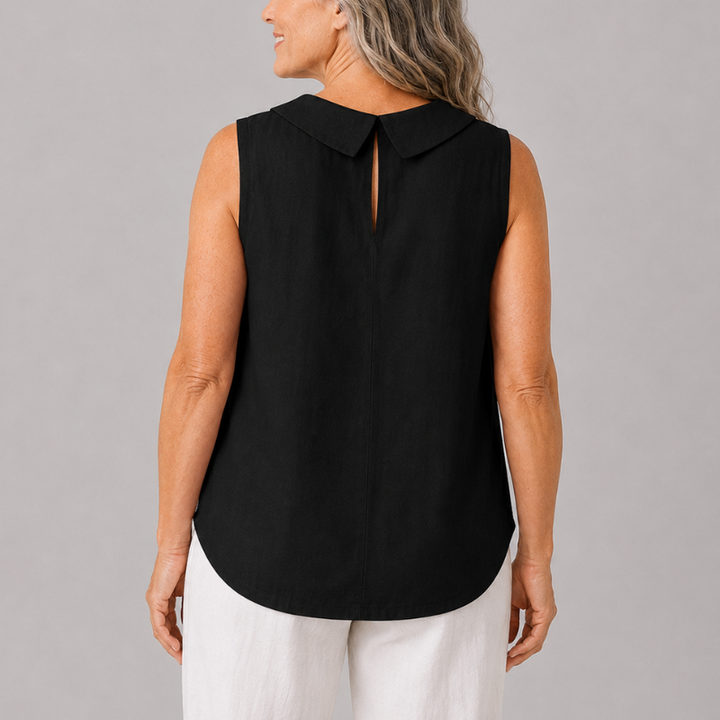 Sleeveless Roll Neck Collar Top with Back Keyhole and Curved Hem