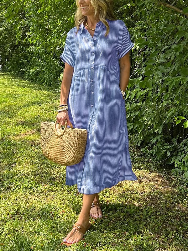 Women's Striped Button Up Midi Dress with Spread Collar and Gathered Waist