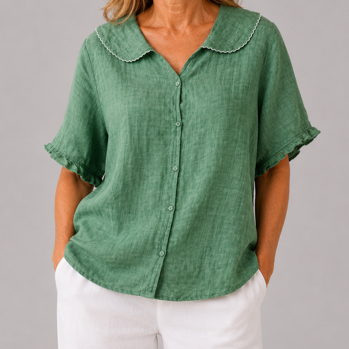 Women's Short Sleeve Blouse with Peter Pan Collar and Ruffle Sleeve Detail