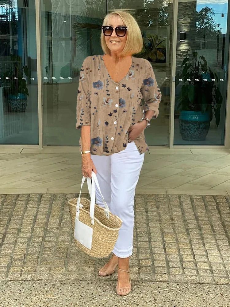 Women's Floral Print V-Neck Blouse with Three-Quarter Sleeves and Button Front