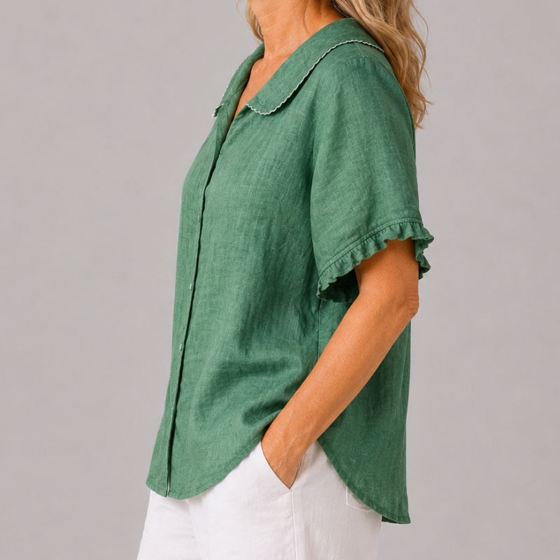 Women's Short Sleeve Blouse with Peter Pan Collar and Ruffle Sleeve Detail