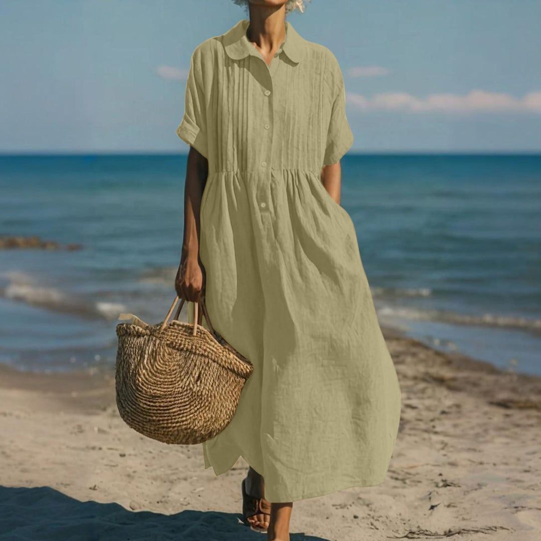 Women's Collared Pintuck Button-Front Gathered Midi Dress