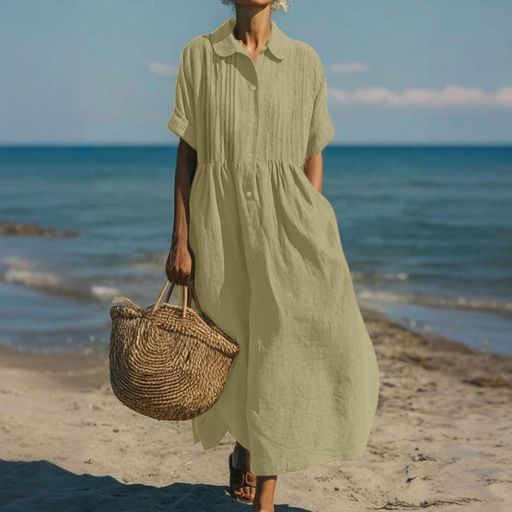 Women's Collared Pintuck Button-Front Gathered Midi Dress