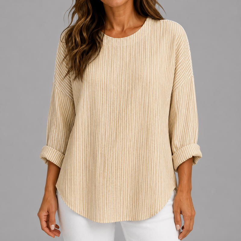 Women's Striped Relaxed Fit Top with Round Neck and Rolled Sleeves