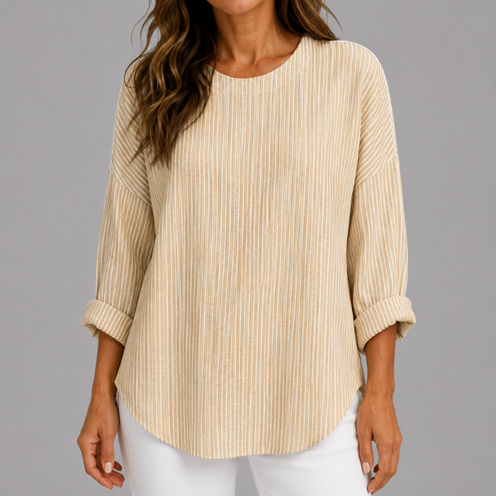 Women's Striped Relaxed Fit Top with Round Neck and Rolled Sleeves