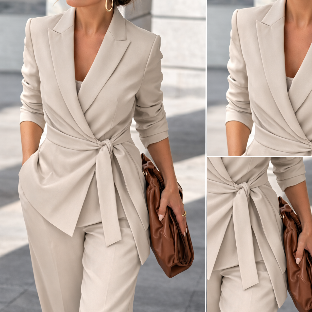 Women's Two-Piece Belted Wrap Blazer and Wide-Leg Trousers Suit