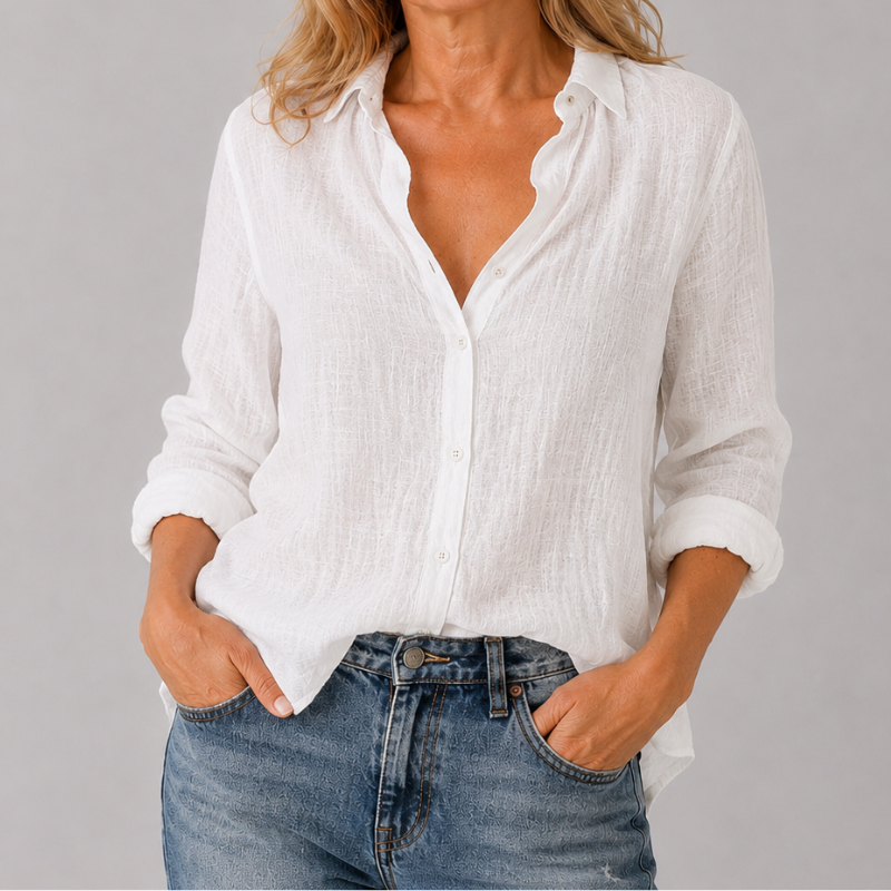 Women's Long Sleeve Button-Down Shirt with Lapel Detail and Curved Hem