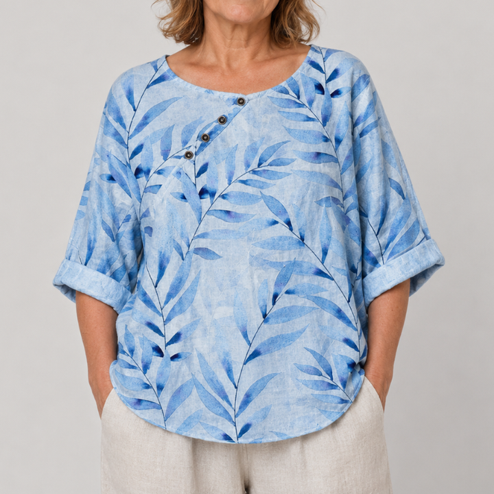 Women's Relaxed Fit Leaf Print Blouse with 3/4 Sleeves and Button Placket