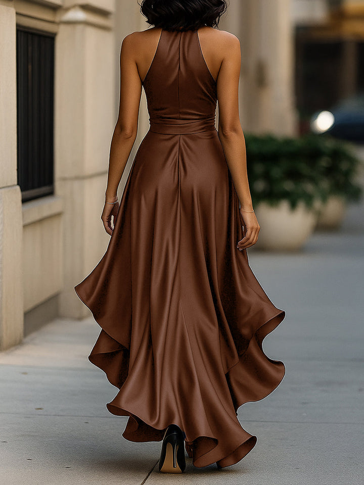 Women's Satin Halter Neck Bow Waist High-Low Ruffle Maxi Gown