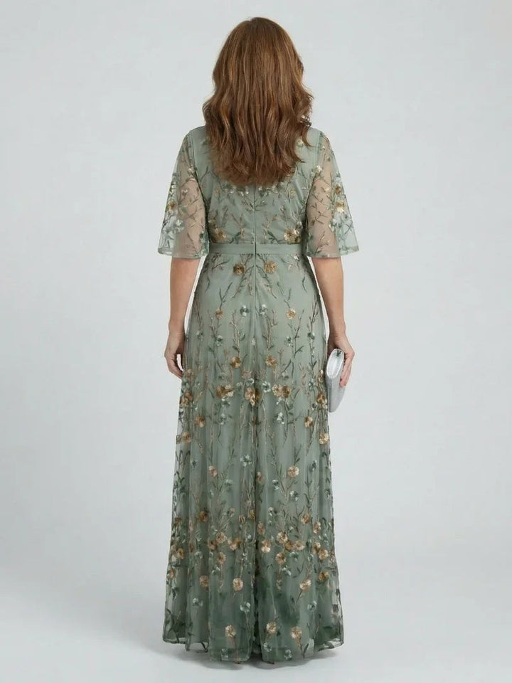 Women's Floral Embroidered Maxi Dress V-Neck Flutter Sleeve