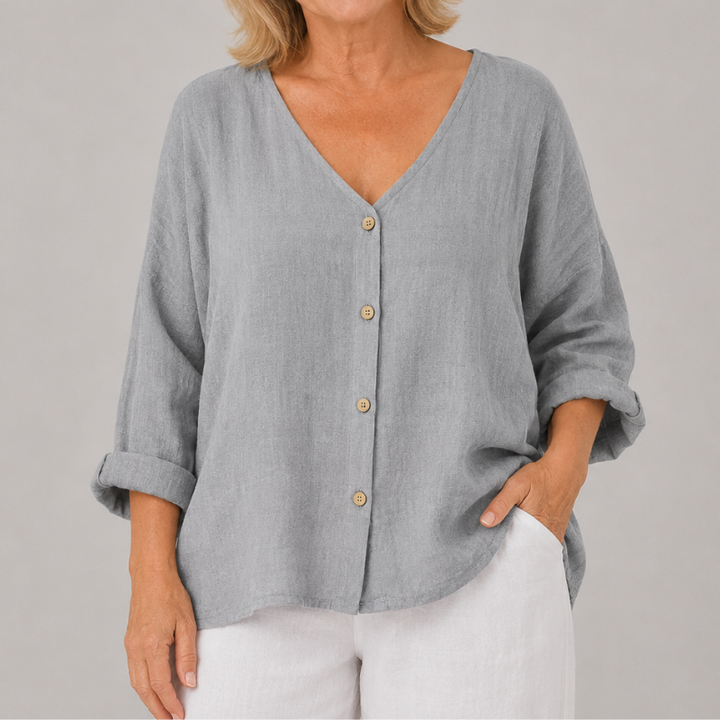 Women's Relaxed Fit V-Neck Blouse with 3/4 Sleeves and Button Front