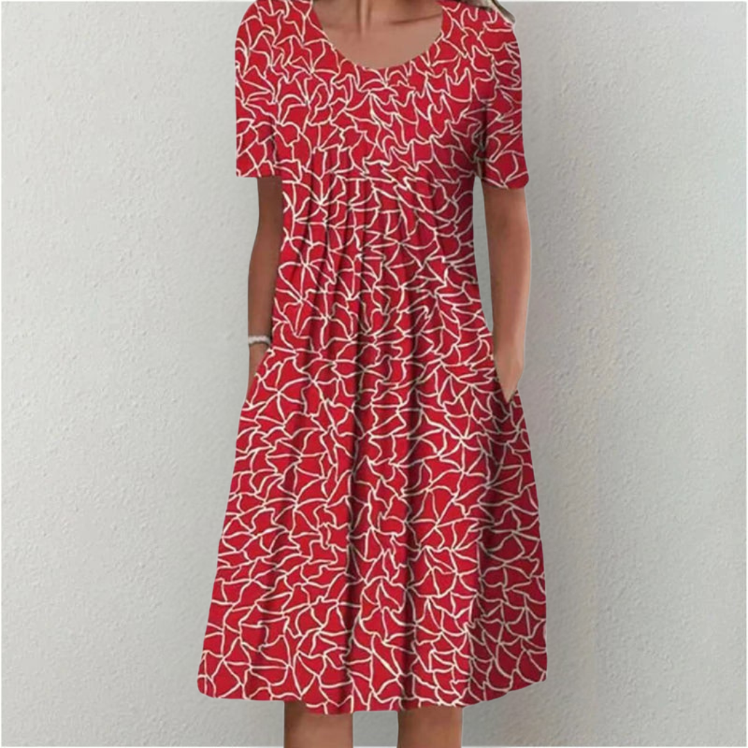 Women's Floral Print Short Sleeve Midi Dress with Gathered Bodice