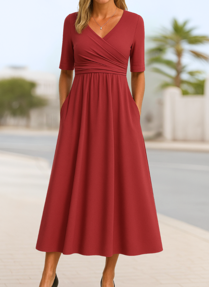 Women's Wrap V-Neck Midi Dress Short Sleeve Ruched Waist