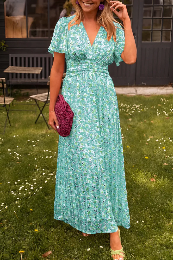 Floral Maxi Dress V-Neck Flutter Sleeve Ruched Waist