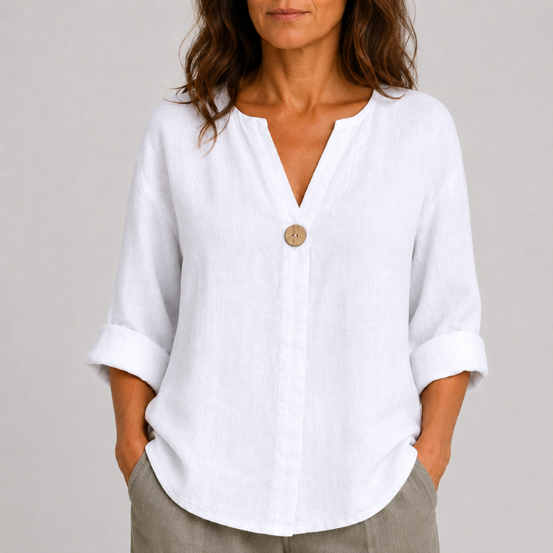 Women's V-Neck Blouse with Single Button Detail and Rolled Sleeves