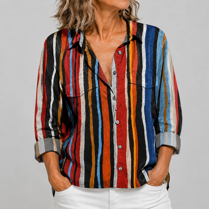 Women's Long Sleeve Button-Up Shirt with Printed Pattern and Rolled Cuffs