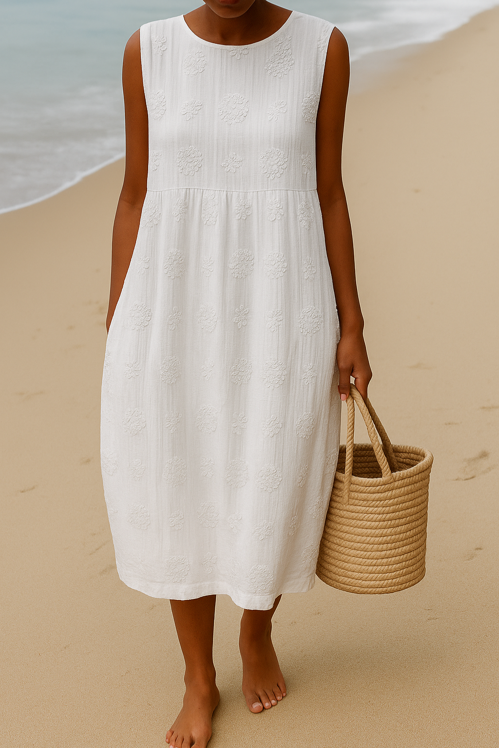 Women's Embroidered Floral Texture Sleeveless Empire Midi Dress