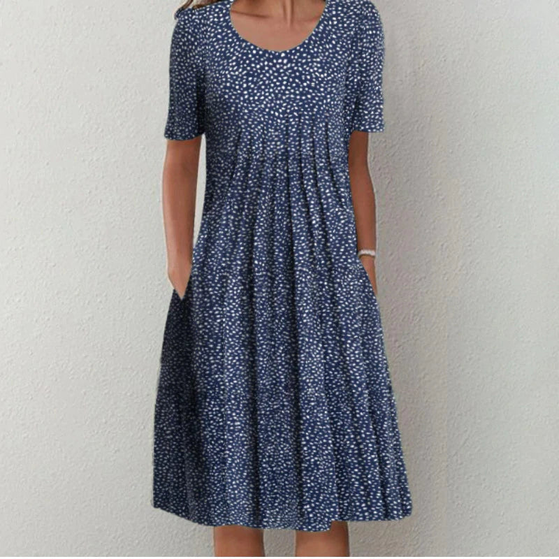 Women's Floral Print Short Sleeve Midi Dress with Gathered Bodice