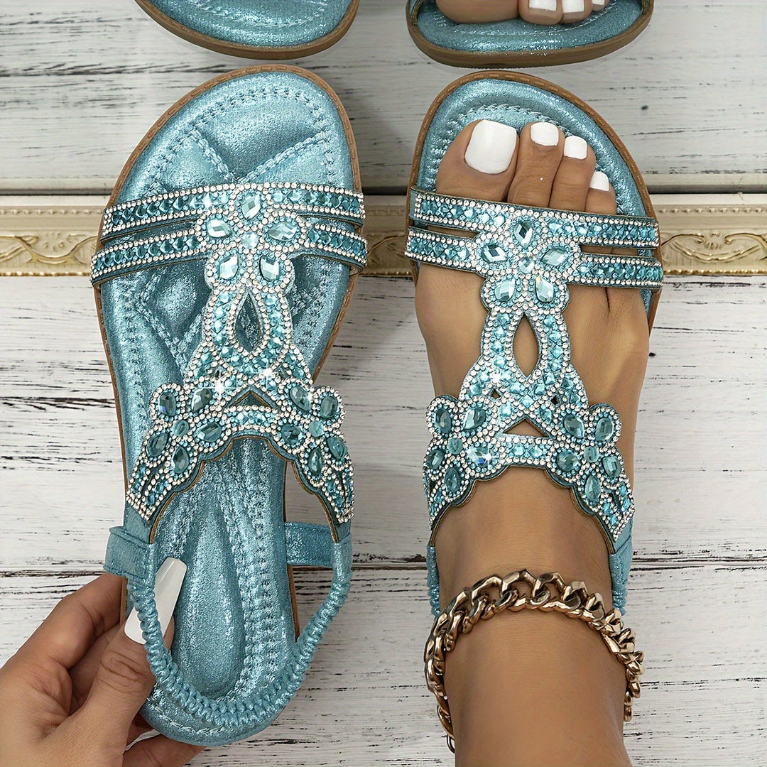 Women's Rhinestone Cutout Flat Sandals Elastic Strap