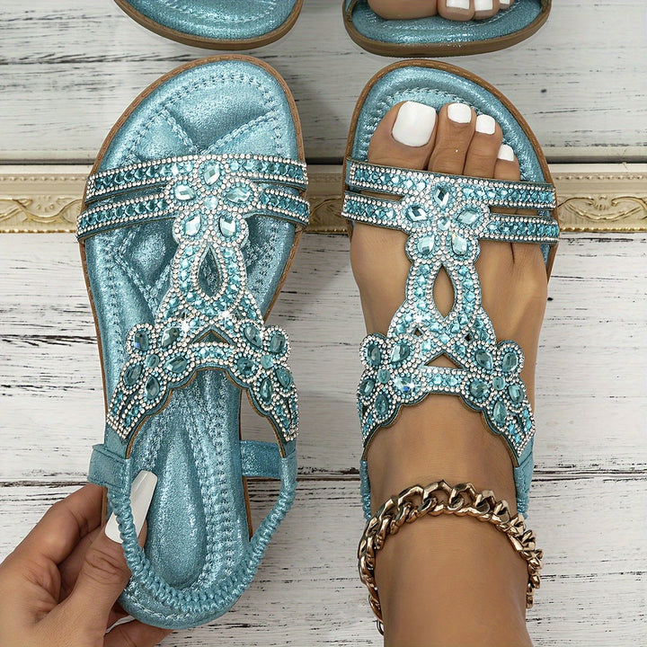Women's Rhinestone Cutout Flat Sandals Elastic Strap