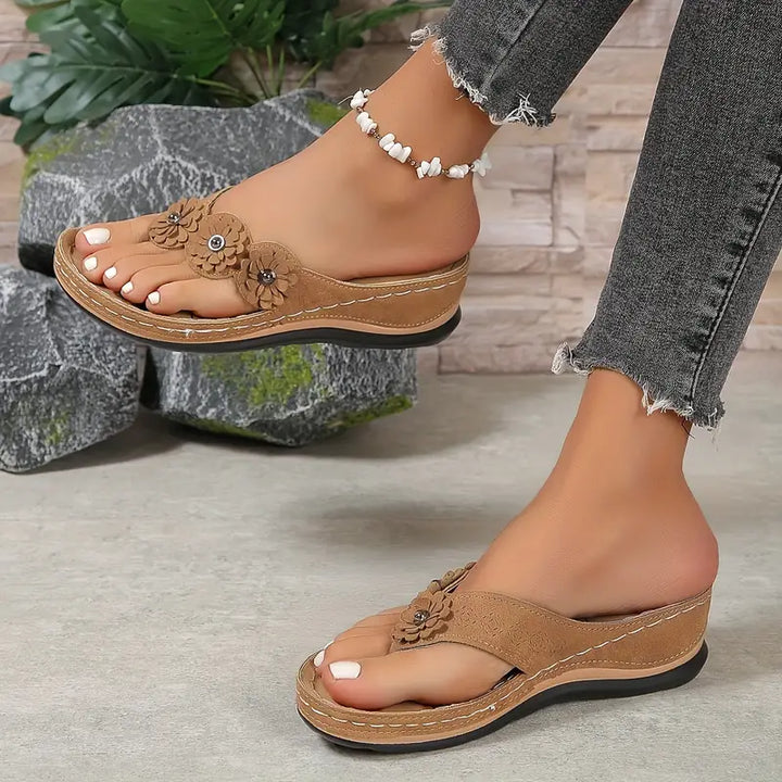 Women's Orthopedic Flower Wedge Thong Sandals