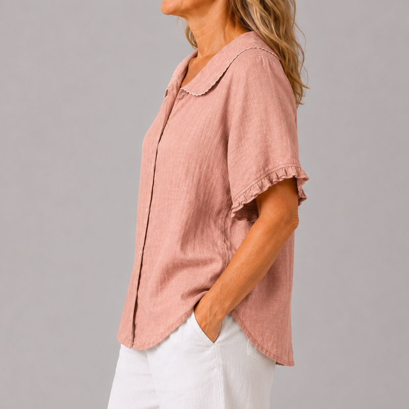 Women's Short Sleeve Blouse with Peter Pan Collar and Ruffle Sleeve Detail