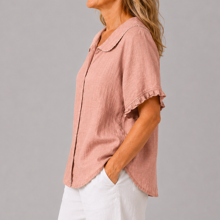 Women's Short Sleeve Blouse with Peter Pan Collar and Ruffle Sleeve Detail
