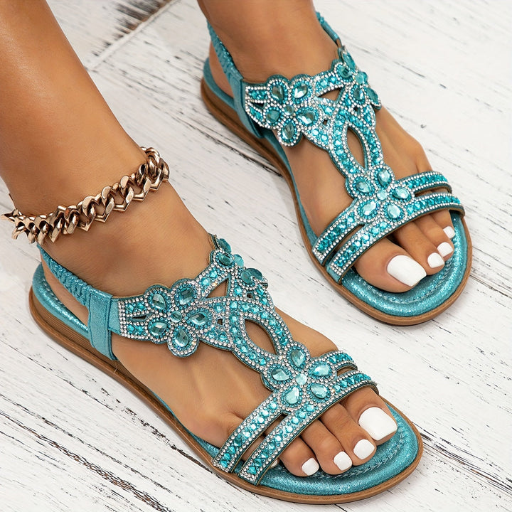 Women's Rhinestone Cutout Flat Sandals Elastic Strap
