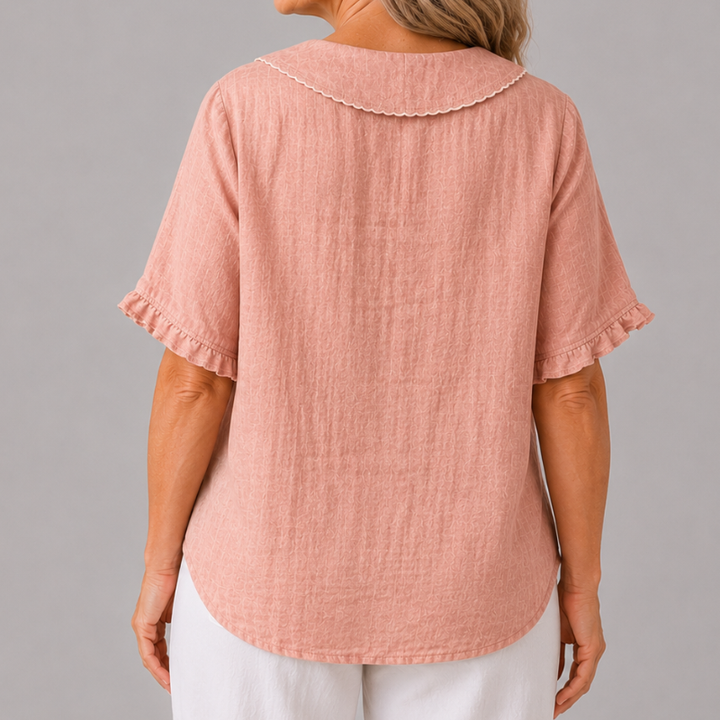 Women's Short Sleeve Blouse with Peter Pan Collar and Ruffle Sleeve Detail