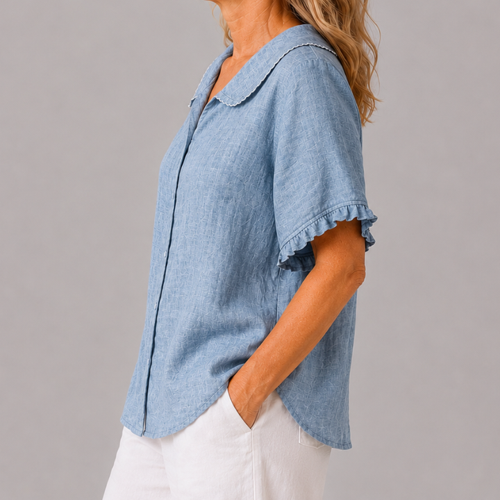 Women's Short Sleeve Blouse with Peter Pan Collar and Ruffle Sleeve Detail