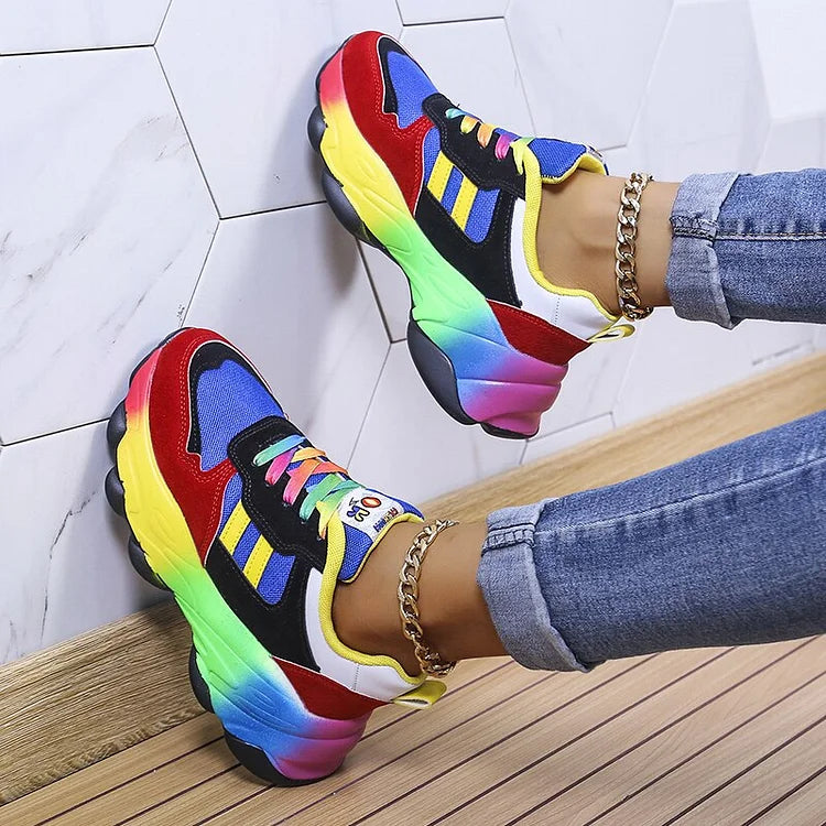 Women's Orthopedic Rainbow Colourblock Lace-Up Trainers