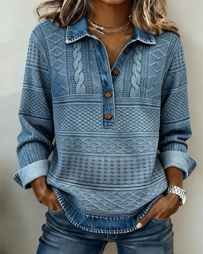 Women's Cable Knit Collared Half Button Sweatshirt