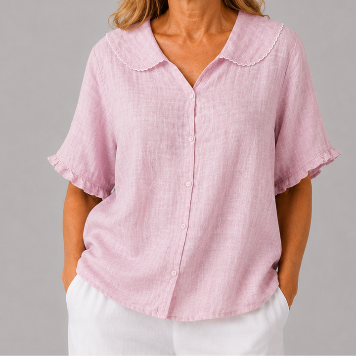 Women's Short Sleeve Blouse with Peter Pan Collar and Ruffle Sleeve Detail