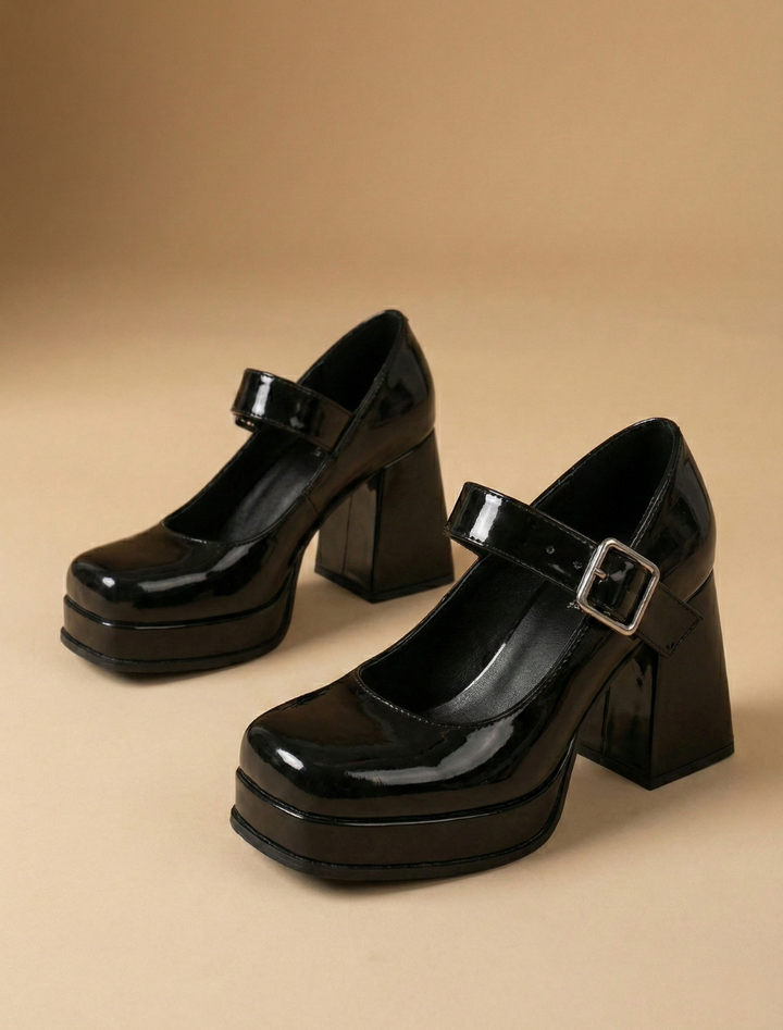 Women's Patent Mary Jane Platform Heels with Block Heel and Buckle Strap