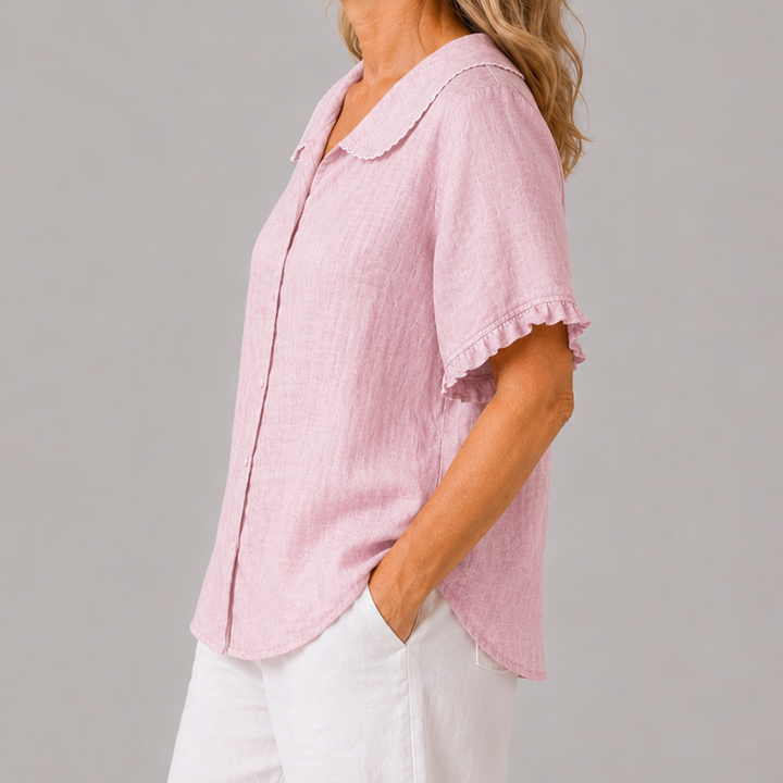 Women's Short Sleeve Blouse with Peter Pan Collar and Ruffle Sleeve Detail