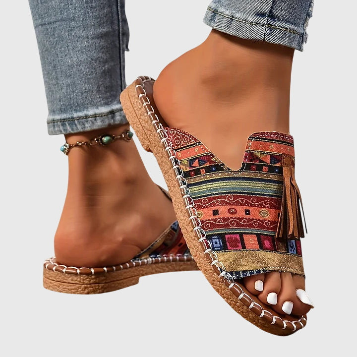 Women's Orthopaedic Boho Print Tassel Slip-On Flat Sandals