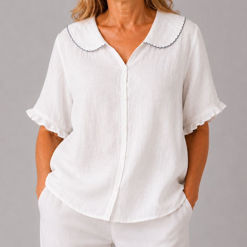Women's Short Sleeve Blouse with Peter Pan Collar and Ruffle Sleeve Detail