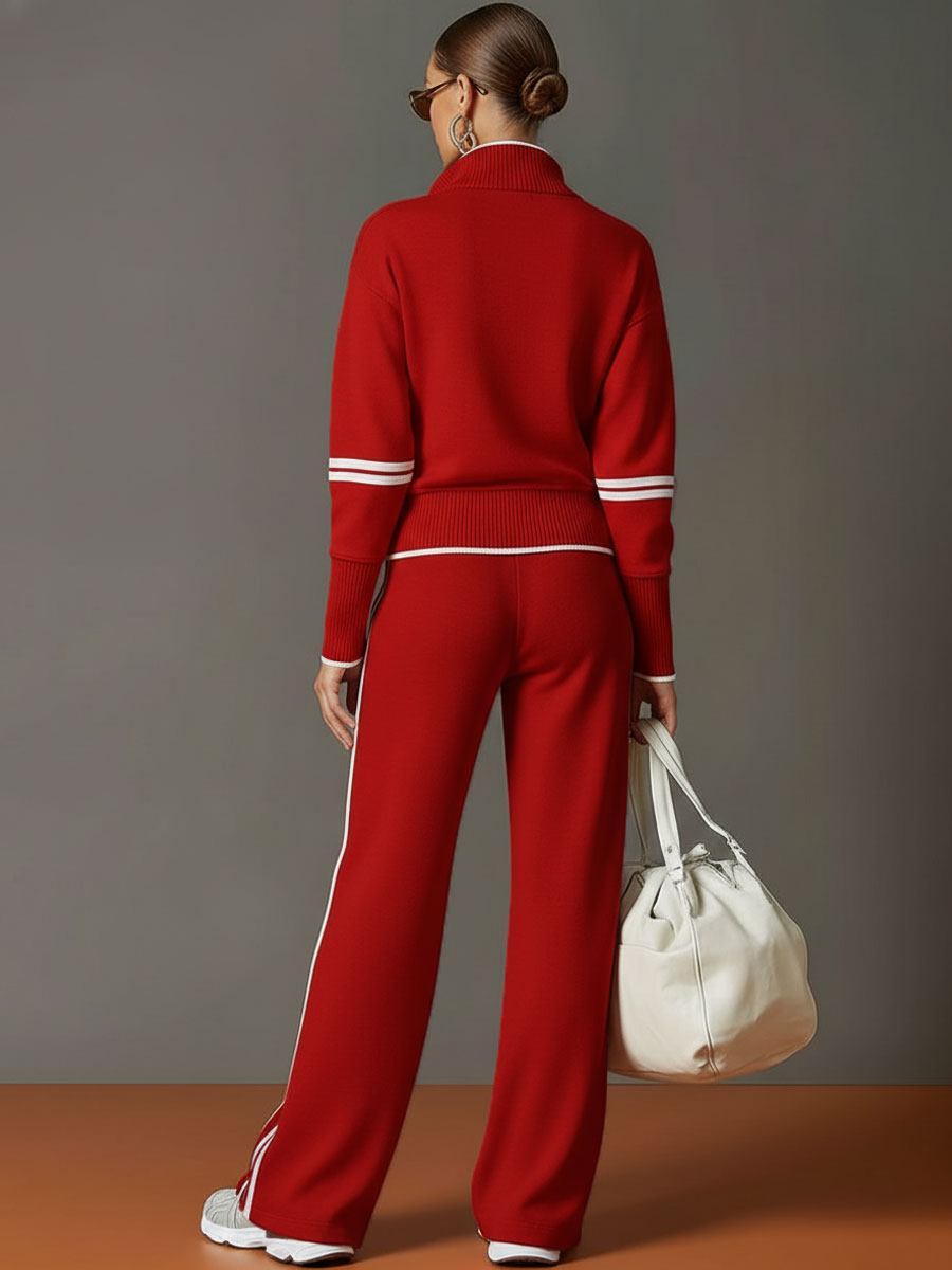 Women's Contrast Trim Half-Zip Jumper and Wide-Leg Trousers Set