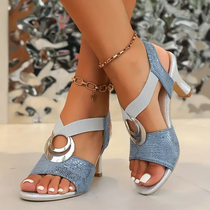 Women's Croc Print Crossover Strap Ring Detail Heeled Sandals