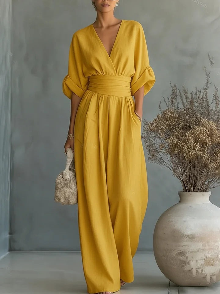Linen Wide Leg Jumpsuit V-Neck Belted Waist Half Sleeve