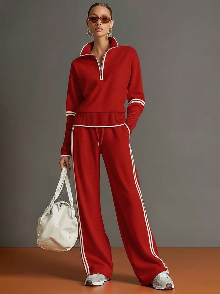 Women's Contrast Trim Half-Zip Jumper and Wide-Leg Trousers Set