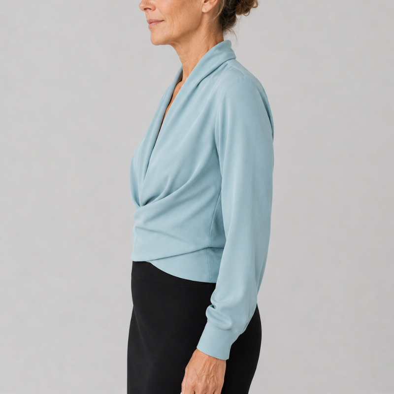 Women's Wrap Blouse with Draped V-Neckline and Long Sleeve Crossover Top