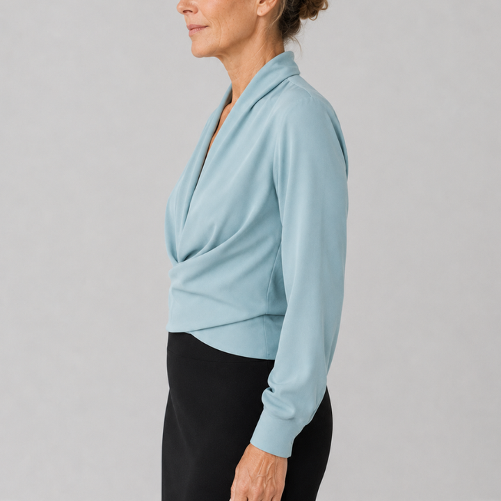 Women's Wrap Blouse with Draped V-Neckline and Long Sleeve Crossover Top