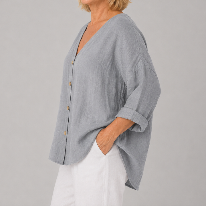 Women's Relaxed Fit V-Neck Blouse with 3/4 Sleeves and Button Front