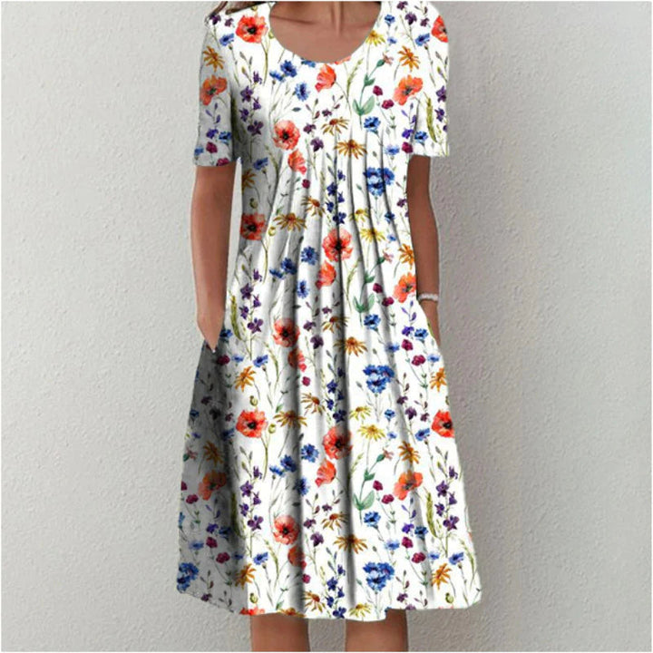 Women's Floral Print Short Sleeve Midi Dress with Gathered Bodice
