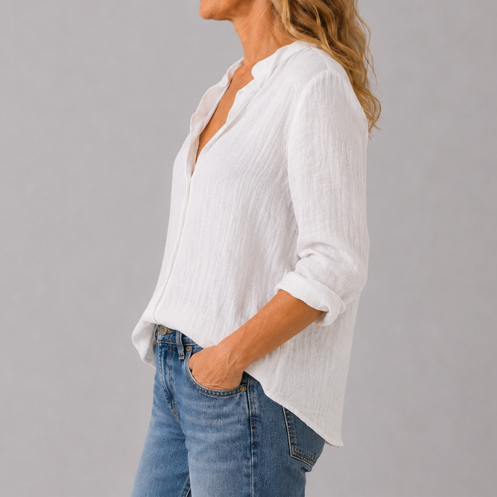 Women's Long Sleeve Button-Down Shirt with Lapel Detail and Curved Hem