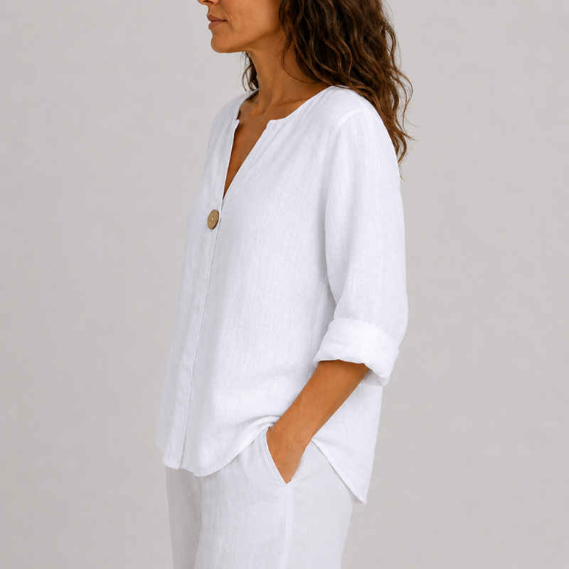 Women's V-Neck Blouse with Single Button Detail and Rolled Sleeves