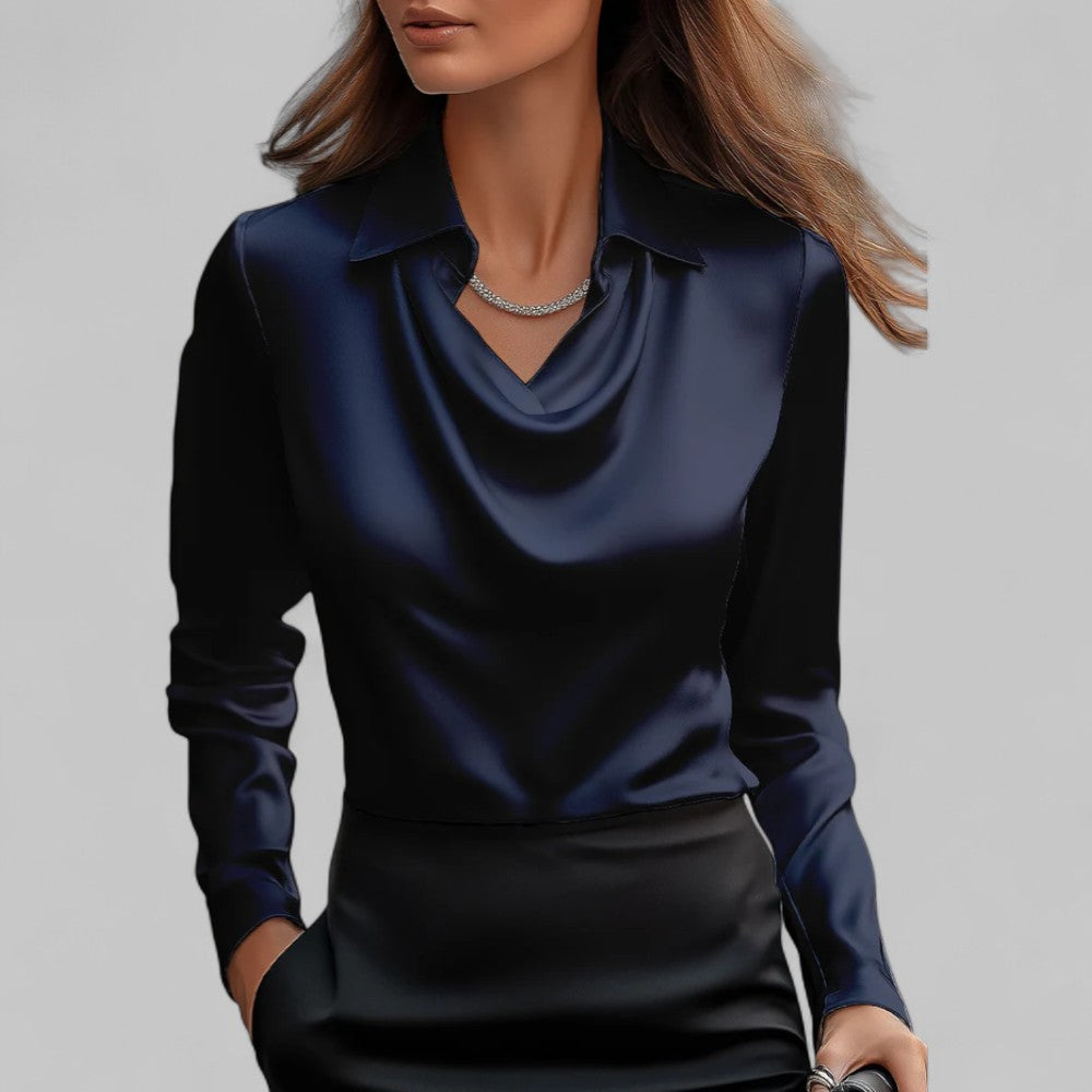 Women’s Draped Neck Long Sleeve Satin Blouses