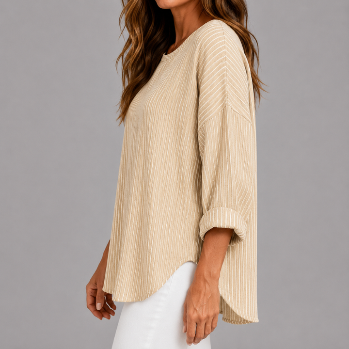 Women's Striped Relaxed Fit Top with Round Neck and Rolled Sleeves